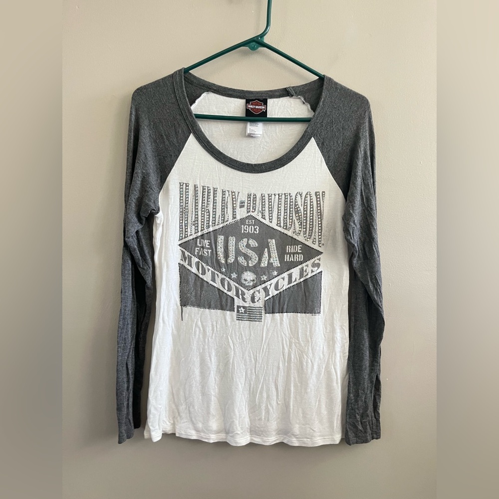 Harley Davidson‎ Burnout Baseball Tee - Woman's White Grey Rhinestone Graphic